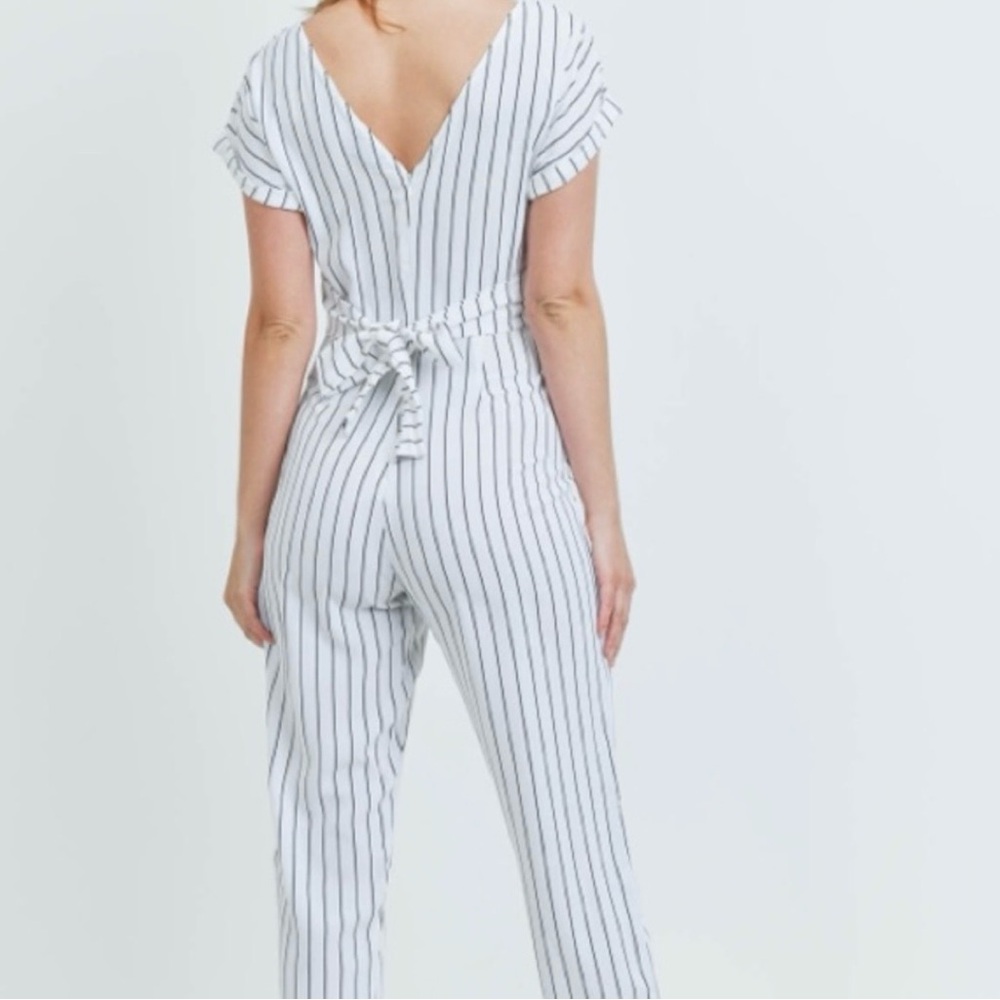 Striped White and Black Tie-Waist Jumpsuit - Picture 5 of 5
